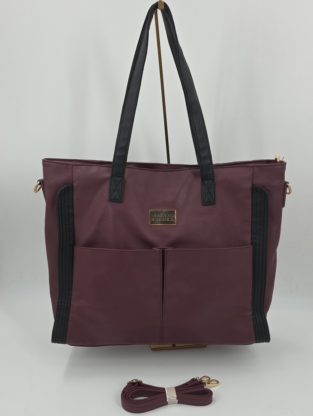 Large Maroon Badgley Mischka Tote Bag with Black Handles And Cross Body Strap